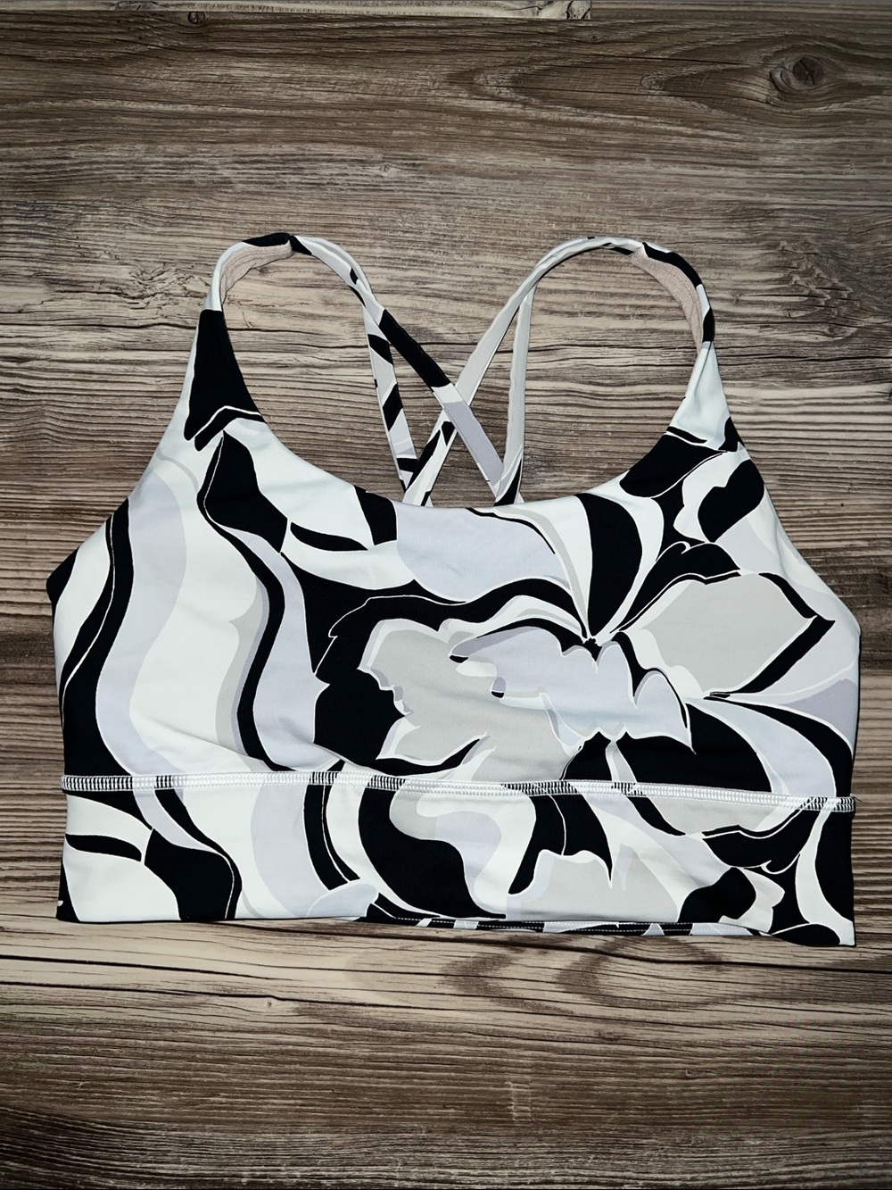 Lululemon Energy Bra Long Line Palm Deco Black White Grey Size 8
